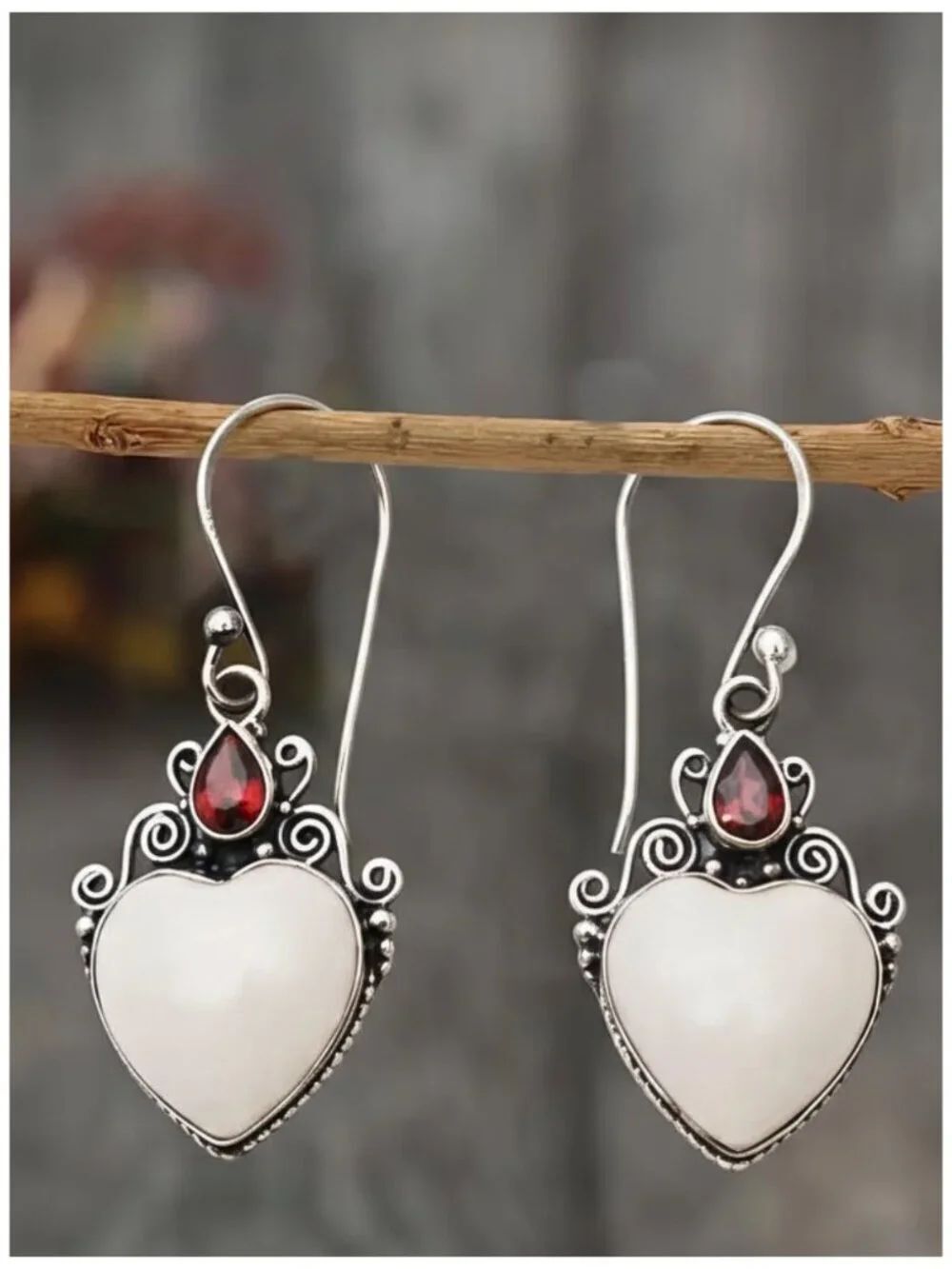 NWT Filigree Heart Pendant Earrings White Enamel & Ruby Teardrop Accents